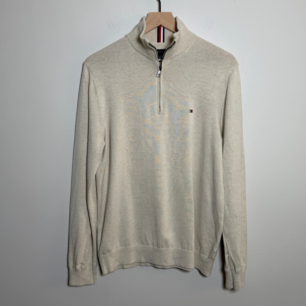 Tommy Hilfiger Mens 100% Cotton 1/4 Zip Sweater S Beige Mock Neck Preppy Minimal